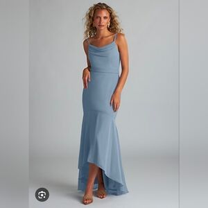 Azazie Sleeveless Cowl Neck High-Low Dress in Dusty Blue